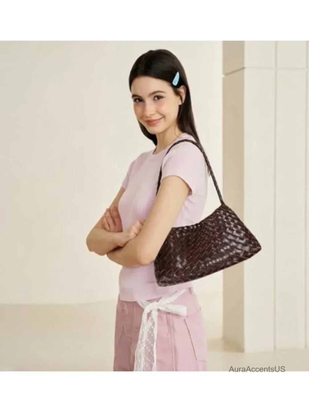 Women's Vegan Leather Woven Hobo Shoulder Bag Tote Purse